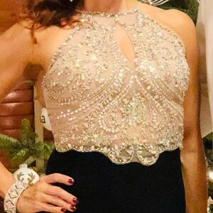 Blondie Nites Black and Cream Gown with side slit and beaded bodice size 7